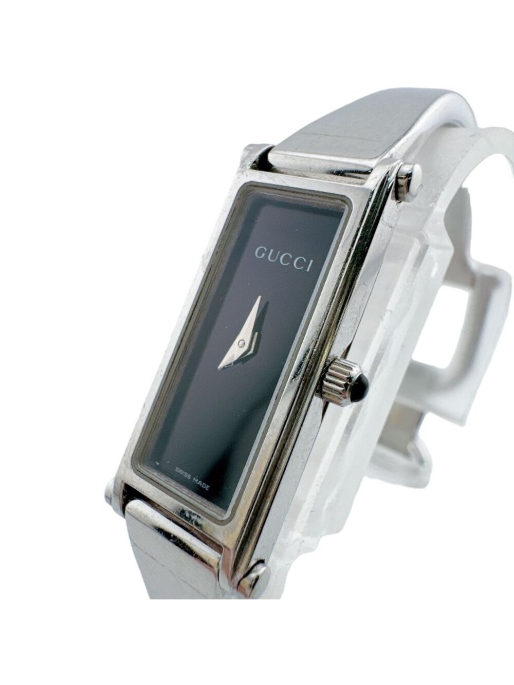 Gucci Bangle Watch SS Stainless Steel Quartz Horsebit Silver Black Dial